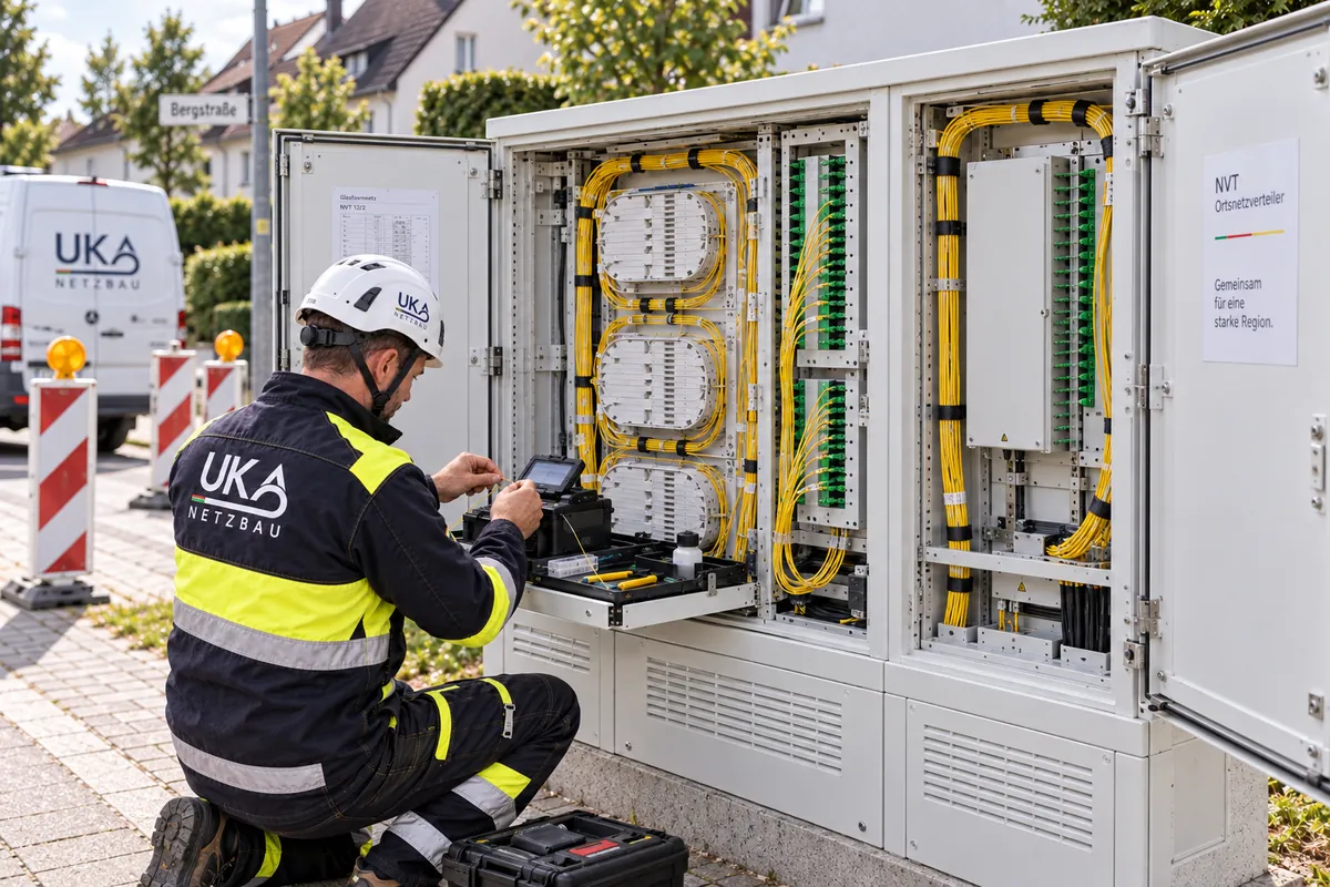Monteur von Uka Netzbau beim Spleißen am geöffneten Netzverteiler (NVt)