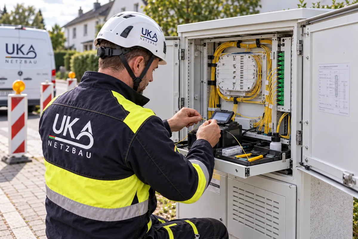 Spleißarbeiten am Netzverteiler direkt an der Straße.